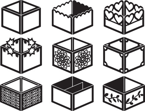 Decorative laser cut box templates, set of 9 ornamental gift box vectors, black and white floral and geometric paper craft patterns