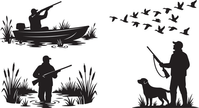 Duck hunting silhouette set, hunter with shotgun and dog in marsh, waterfowl hunting vector icons for outdoor sports