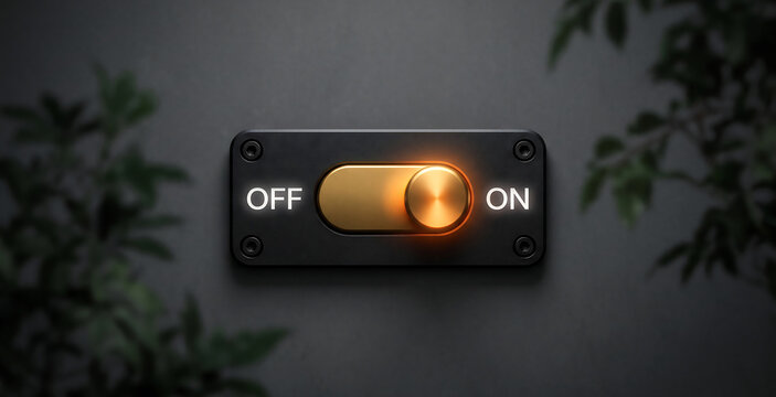 Modern metallic toggle switch with glowing light on dark wall
