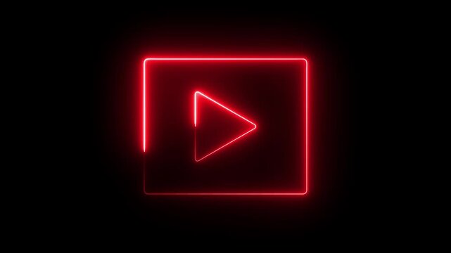 Glowing neon red color play button icon animation music audio video media player icon on black background	