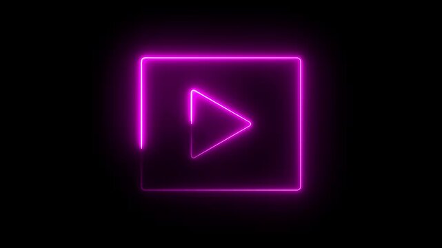 Glowing neon pink color play button icon animation music audio video media player icon on black background	