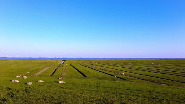 Panoramic view of the natural coastal landscape at the S&uuml;derhafen on the Nordstrand Peninsula in Schleswig-Holstein, northern Germany. 