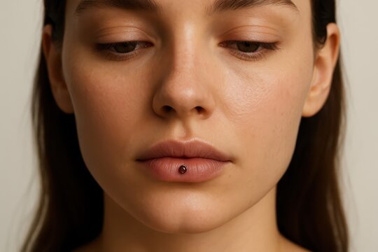 Close-up of young woman with lip piercing centered