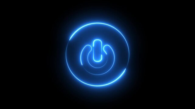 Glowing neon blue color power button icon animation technology shutdown screen turn on off button stop startup computer and mobile phone electric futuristic on black background	