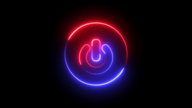 Glowing neon red and blue color power button icon animation technology shutdown screen turn on off button stop startup computer and mobile phone electric futuristic on black background	