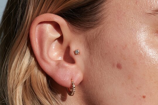 Macro shot of woman's ear with delicate gold earrings