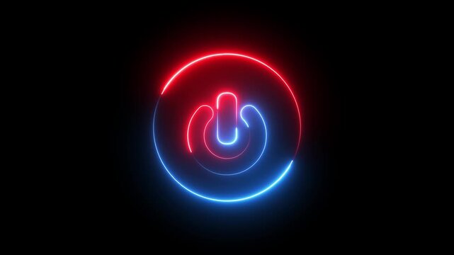 Glowing neon red and blue color power button icon animation technology shutdown screen turn on off button stop startup computer and mobile phone electric futuristic on black background	