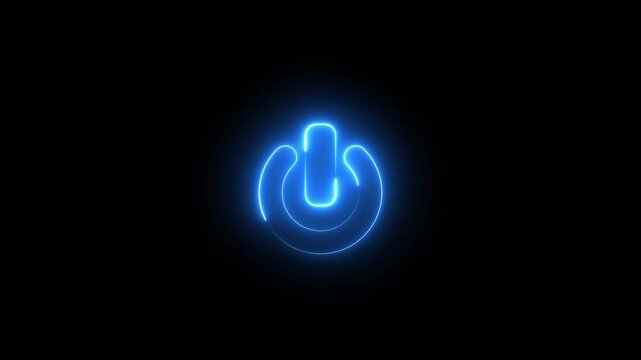 Glowing neon blue color power button icon animation technology shutdown screen turn on off button stop startup computer and mobile phone electric futuristic on black background	