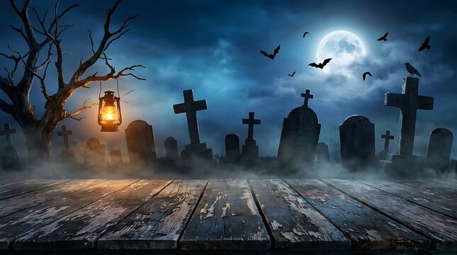 Spooky halloween graveyard background with wooden table and glowing lantern