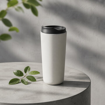 White Travel Tumbler with Green Leaves and Soft Shadows