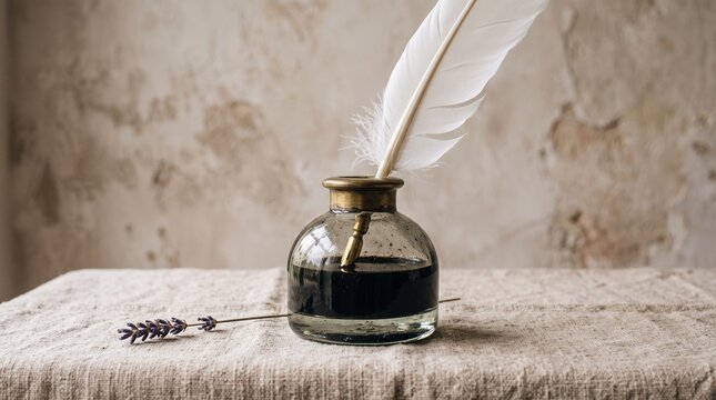 Vintage quill pen in glass inkwell, antique writing tools on linen tablecloth, rustic calligraphy set with lavender