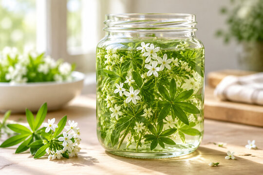 Fresh sprigs of sweet woodruff submerged in clear liquid in a jar.