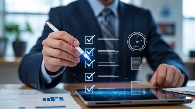 A Professional Businessman Interacting With A Digital Checklist Interface On His Tablet