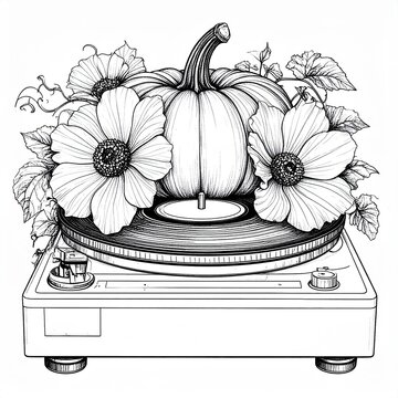 Halloween Vintage 70s Floral Pumpkin And Flowers on Vintage Turntable Line Art Illustration Autumn Music Concept