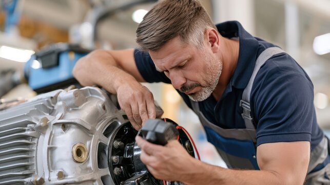 A mechanic intently working on a complex machine, his focused expression conveying expertise and dedication