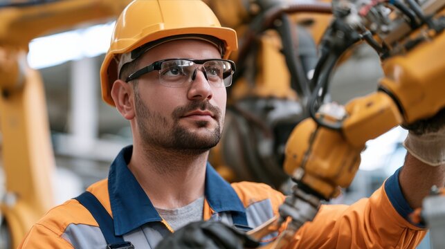 A factory worker in a hard hat and safety glasses inspects a robotic arm, demonstrating a commitment to precision and safety in industrial operations