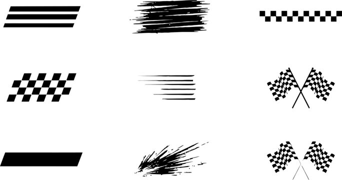 Collection of black and white racing design elements including checkered flags speed lines and abstract brush strokes
