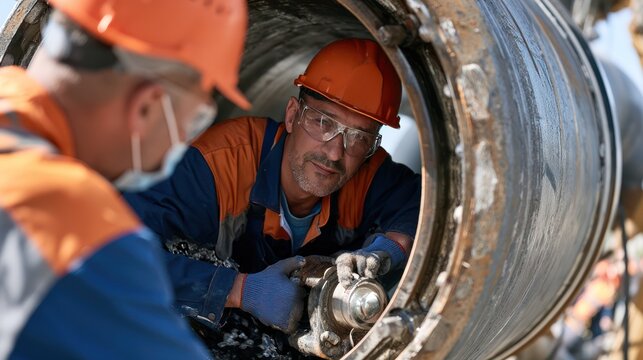 Two construction workers in safety helmets and glasses working on a large pipe