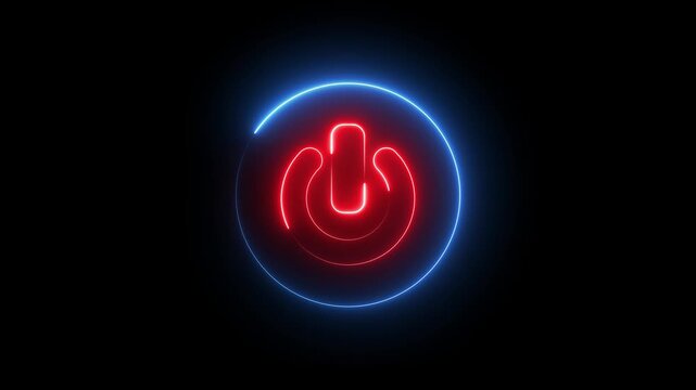 Glowing neon red and blue color power button icon animation technology shutdown screen turn on off button stop startup computer and mobile phone electric futuristic on black background	