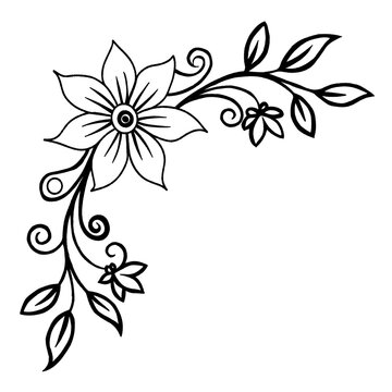 Hand Drawn Elegant Floral Corner Border Line Art Vector Illustration with Flourish Swirls and Leaves