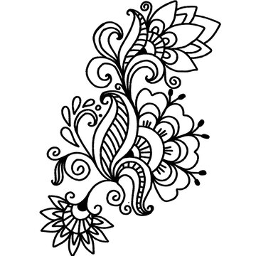 Hand Drawn Henna Paisley Floral Composition Vector Illustration with Blooming Flowers, Swirls, and Decorative Leaves Line Art