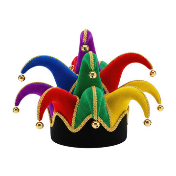 Colorful jester hat with gold bells isolated on white background