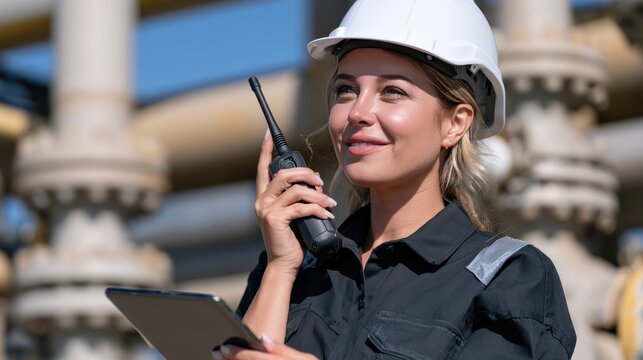 A female engineer in a hard hat holding a radio and tablet, looking up with a determined expression. She is standing in an industrial facility with pipes in the background