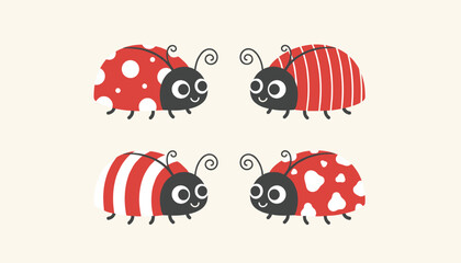 Fototapeta premium Four cute cartoon ladybugs with different red and white wing patterns like dots, stripes, and irregular splotches.