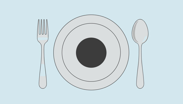Simple vector illustration of a classic dining table setting with a plate, fork, and spoon on a blue background.