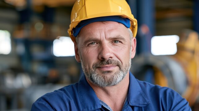 Portrait of a man in a yellow hard hat and blue work shirt, looking directly at the camera with a serious expression. He has a gray beard and appears to be in an industrial setting