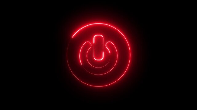 Glowing neon red color power button icon animation technology shutdown screen turn on off button stop startup computer and mobile phone electric futuristic on black background	