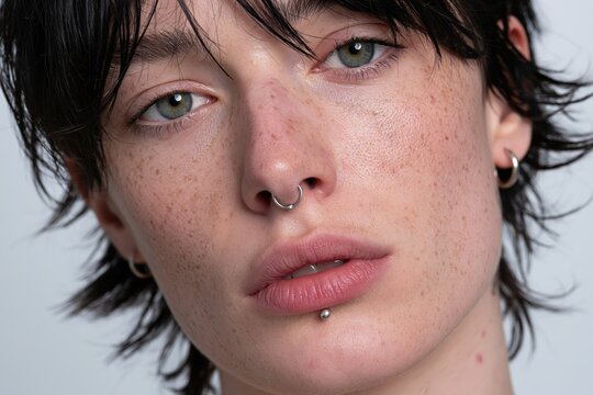 Front facing portrait of young woman with piercings