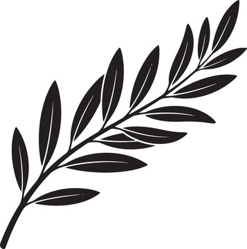 Minimalist olive branch vector illustration, black laurel leaf silhouette, elegant botanical foliage element for logo design