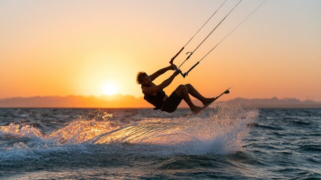 Silhouette of a kiteboarder performing a jump over the ocean at sunset, with the sun setting on the horizon. The kiteboarder is silhouetted against the bright orange sky.