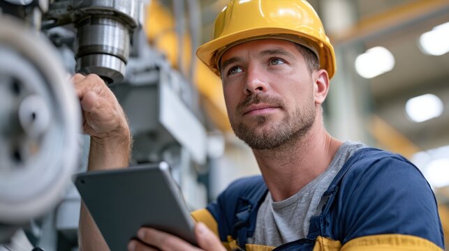 A focused male worker in a yellow hard hat using a tablet in a factory setting, examining machinery