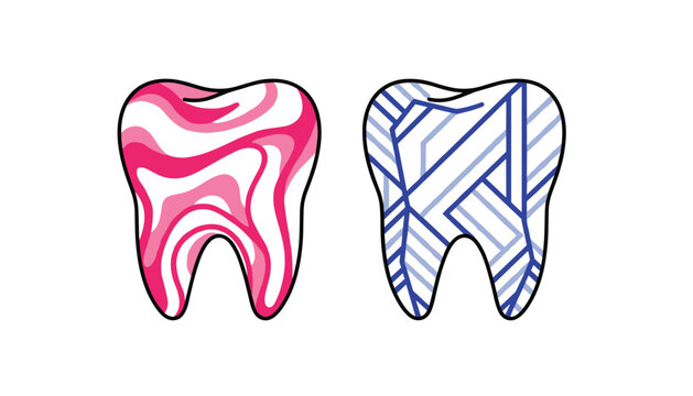 Creative teeth illustrations featuring a pink fluid marble pattern on the left and a blue geometric line pattern on the right.