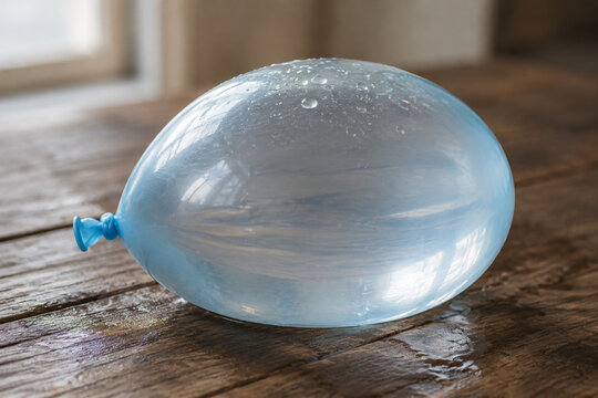 Overfilled translucent water balloon on wooden table, tension and fragility concept