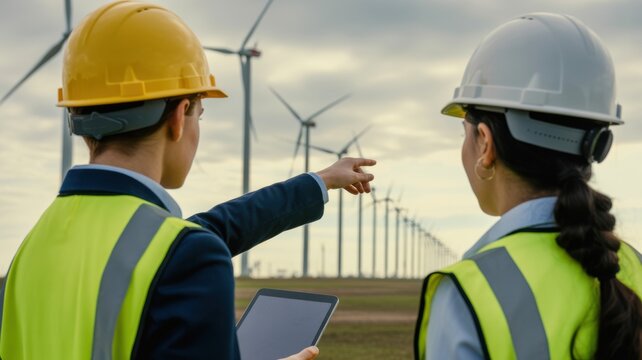 Two Engineers Wearing Hard Hats Inspecting A Large Scale Wind Farm Project