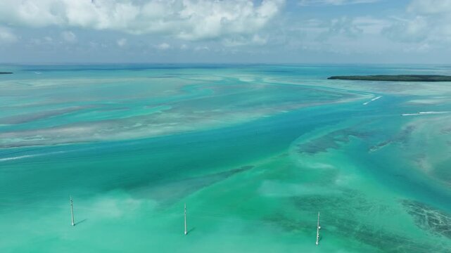 Cinematic aerial view of turquoise tropical water in the Florida Keys.