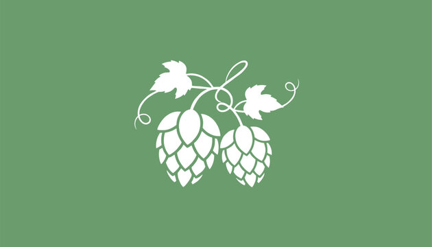 Elegant white line art emblem depicting a pair of hop cones with leaves and twirling vines isolated on a solid dark green background.
