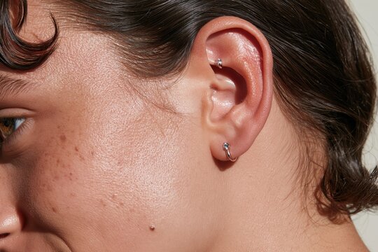 Macro of woman's ear with silver hoop piercings