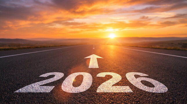 The year 2026 written on an asphalt road leading towards a bright sunrise representing a new beginning
