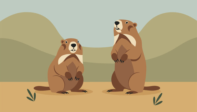 Two cute groundhogs or prairie dogs standing on a sandy ground with green hills in the background, flat vector illustration.