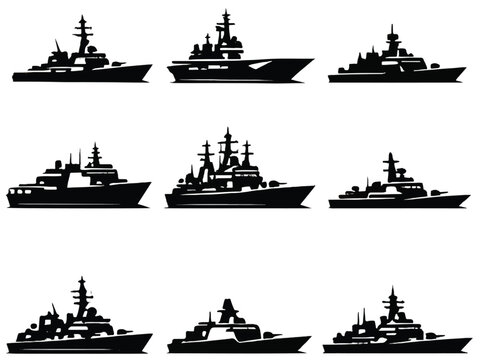 Web Modern Naval Warship Silhouette Vector Icon Set
