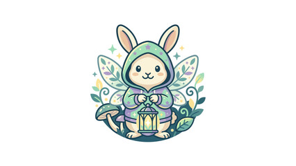 Obraz premium Magical bunny fairy wearing a hooded dress and holding a glowing lantern.