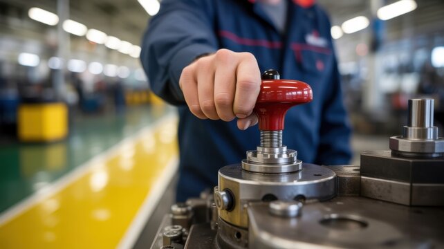 Industrial worker hand adjusting a red metal control lever on factory machinery