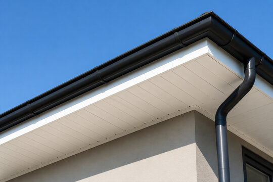 Clean white soffit board under eaves contrasting with dark rain gutter.