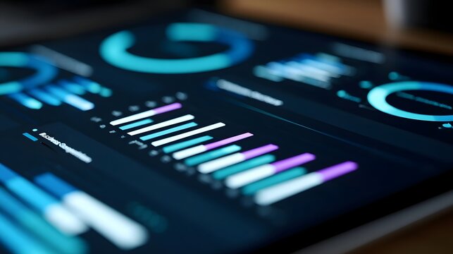 A sleek digital dashboard displays colorful bar charts and circular graphs on a dark screen with a shallow depth of field