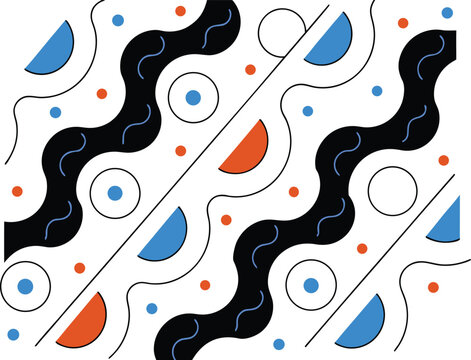 Abstract geometric pattern with wavy black lines and colorful circles and semicircles on a white background