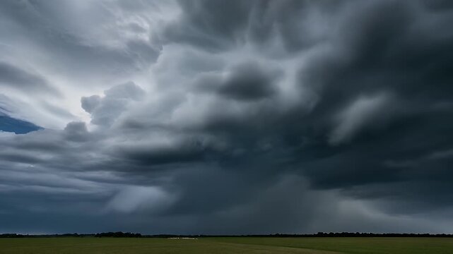 Dramatic and Ominous Dark Storm Clouds Gather Over a Vast Open Landscape, Signaling an Intense Weather Event with Heavy Rain Under a Turbulent Sky
